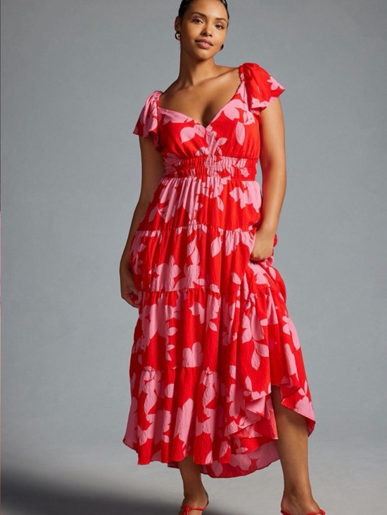 Anthropologie Dresses & Skirts - Anthropologie Red Dress with Pink Floral Print